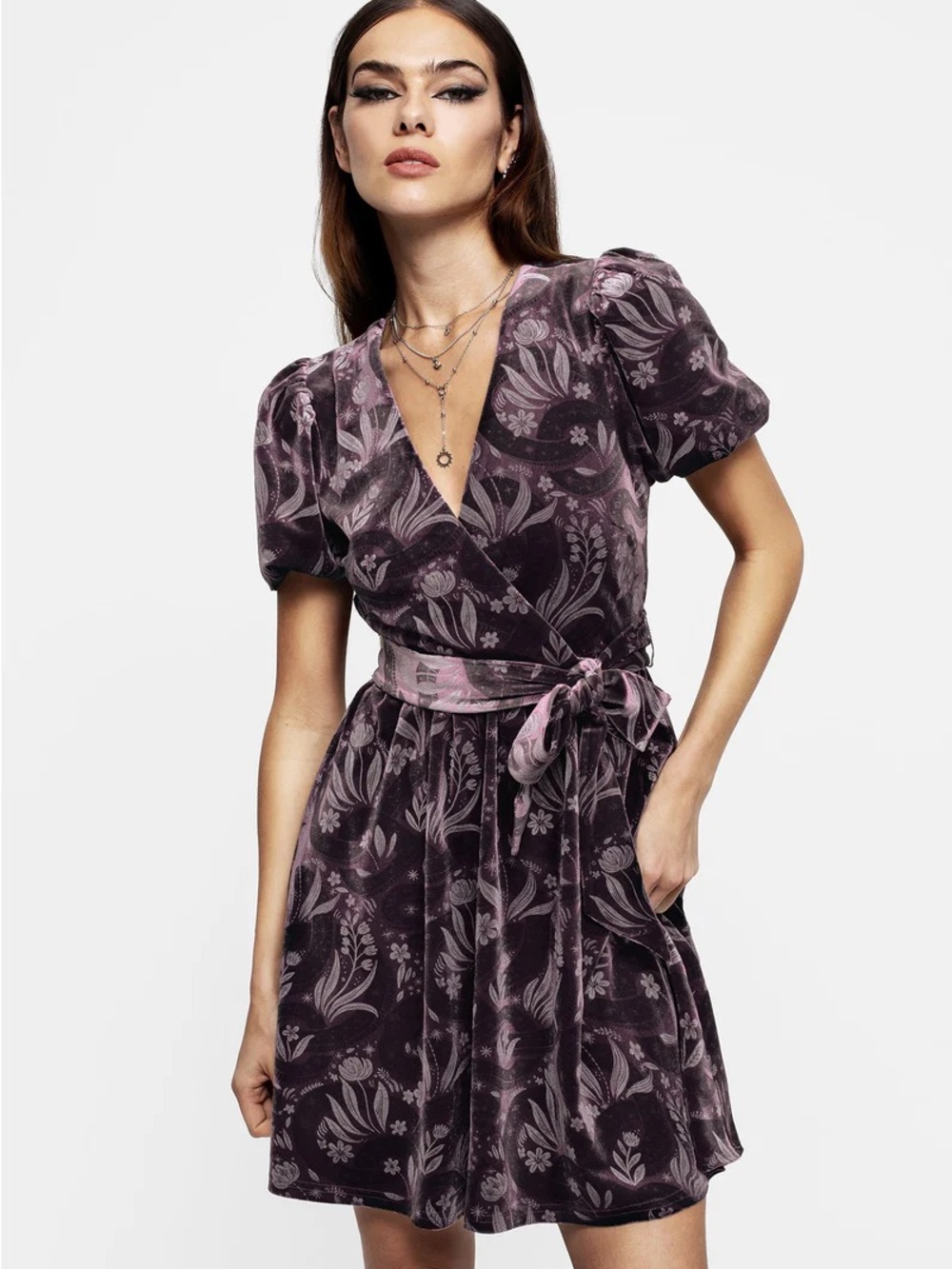 Disturbia Velvet Wrap Mini Dress in Plum Floral